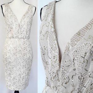 Bailey Blue Nude & White Lace Sleeveless Snake Pattern Sheath Dress L